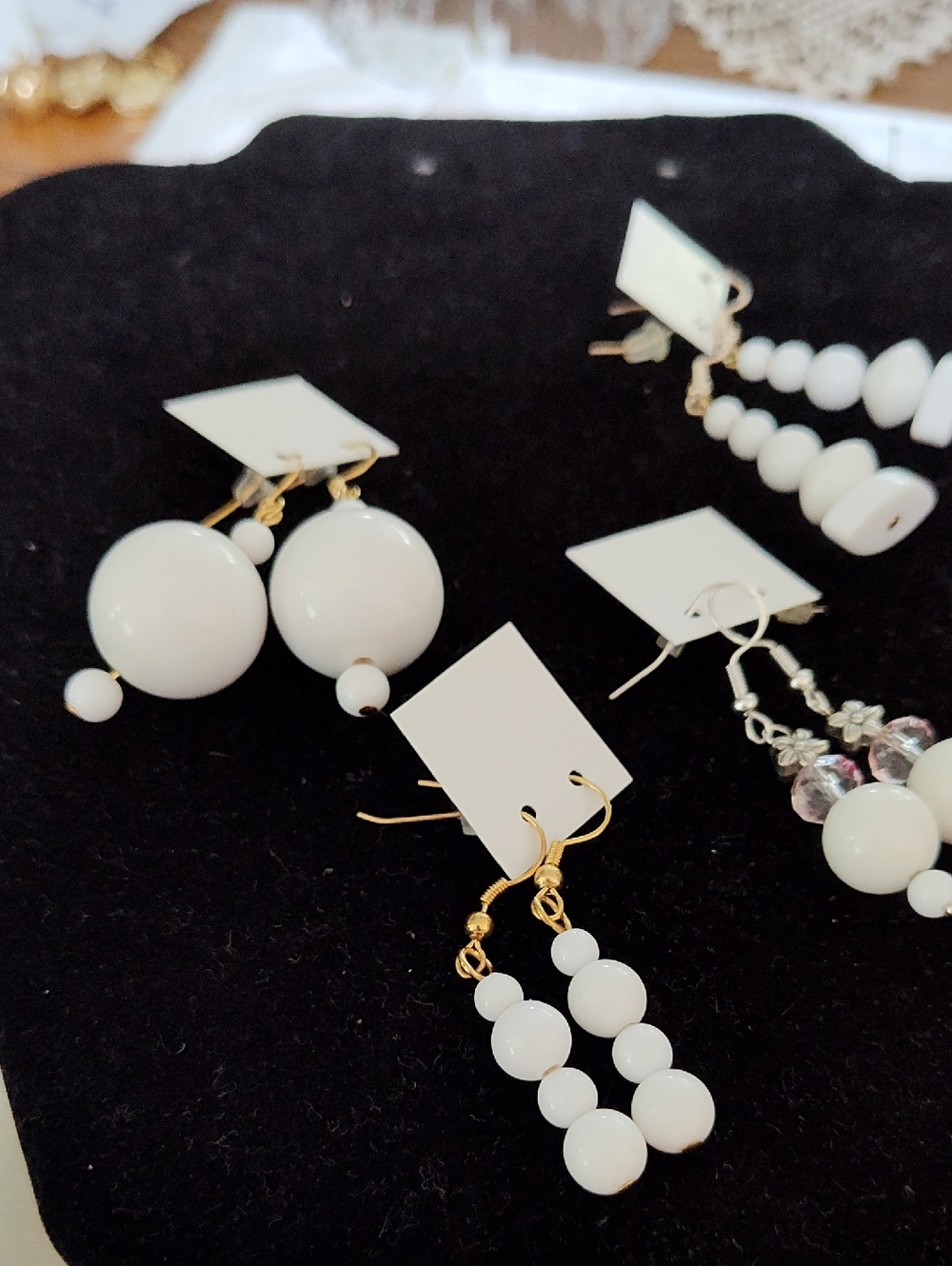 White Beaded Drop Earrings with Gold And 925 Silver Ear Wires.